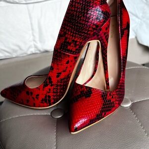 PrettyLittleThing Red Snake Skin Stiletto Heels